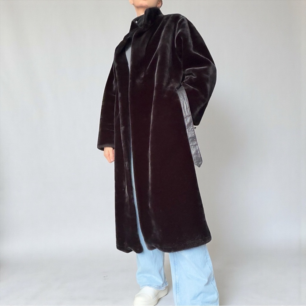 Vintage 60s 70s Faux Fur Black Coat Reversible Belted Size Small - Picture 2 of 16